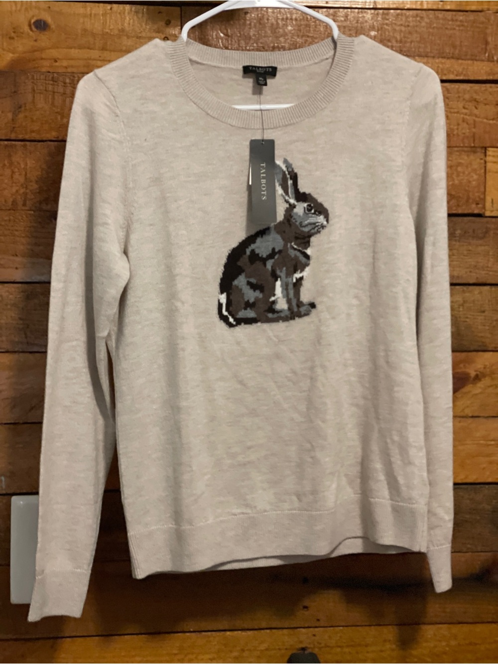 Talbots Beige Crewneck Sweater with Rabbit Intarsia